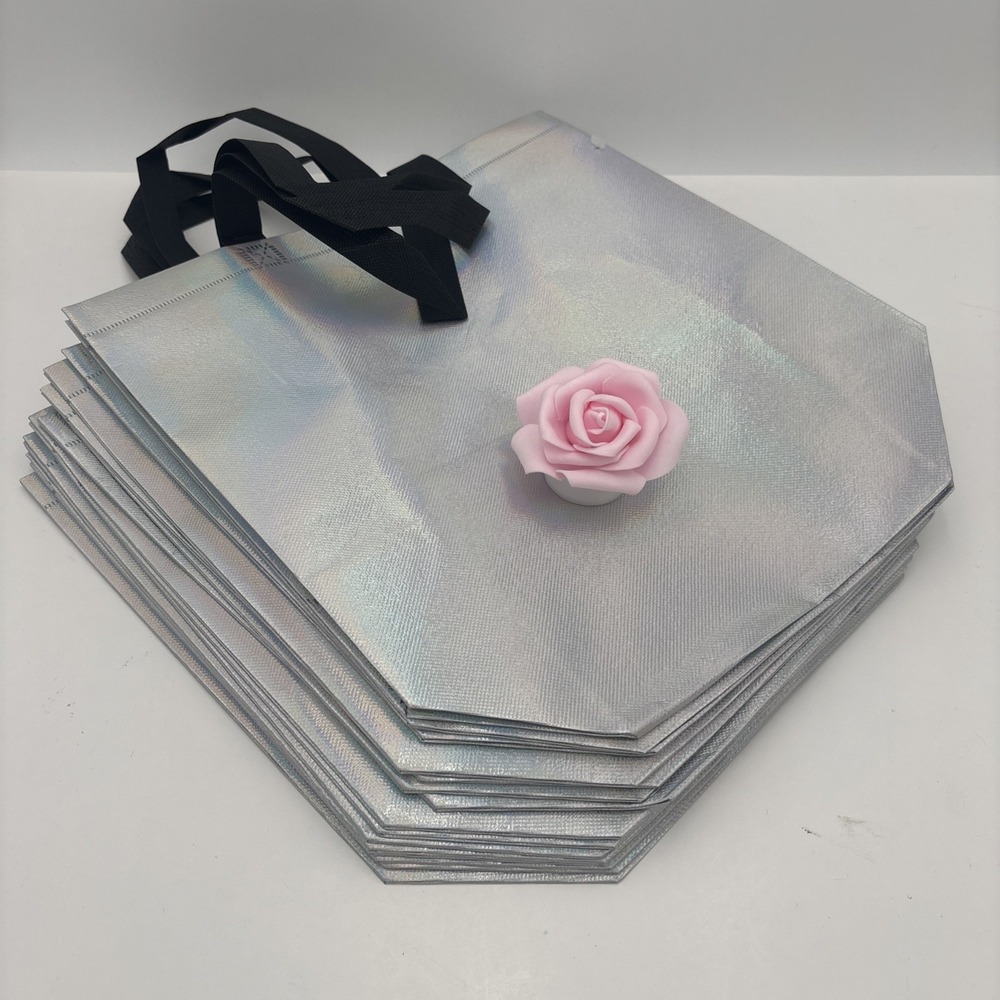 Holographic Silver Foldable Plastic Reusable Gift Bags 15 pcs